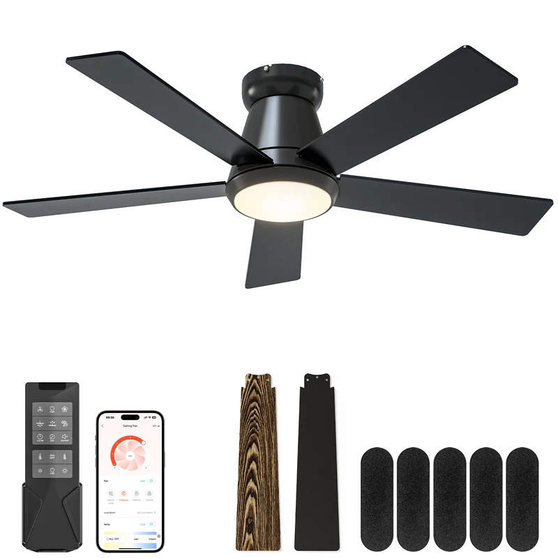 CubiCubi Ceiling Fans with Lights - Low Profile Ceiling Fan with Light and Remote/APP, Dimmable, Super Quiet, Flush Mount Ceiling Fan for Indoor/Outdoor Bedroom Living Room Patio Farmhouse