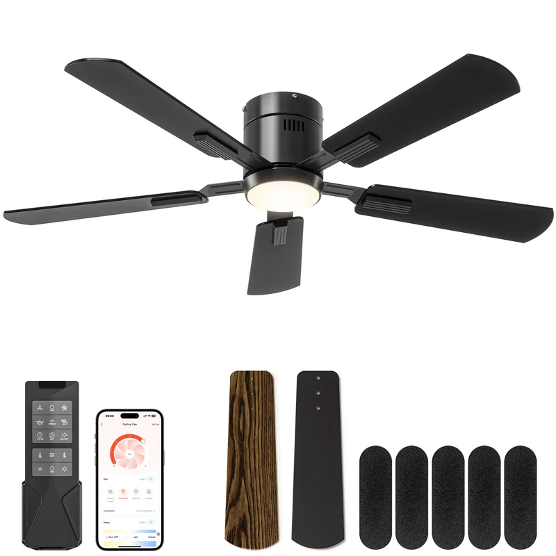 CubiCubi Ceiling Fans with Lights - Low Profile Ceiling Fan with Light and Remote/APP, Dimmable, Super Quiet, Flush Mount Ceiling Fan for Indoor/Outdoor Bedroom Living Room Patio Farmhouse