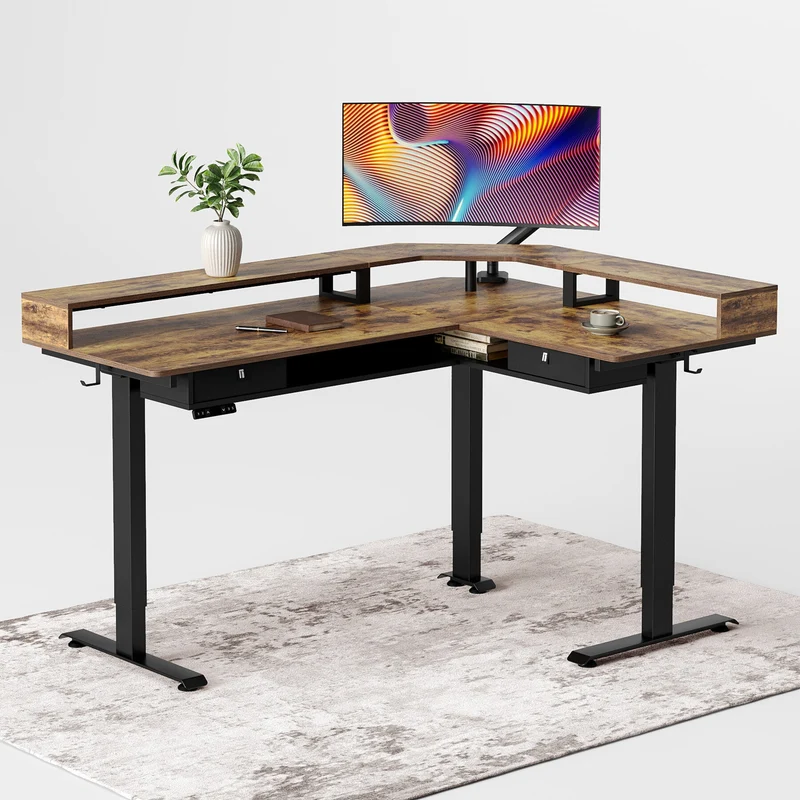 L-shaped Desktop with Monitor Multi-Storage
