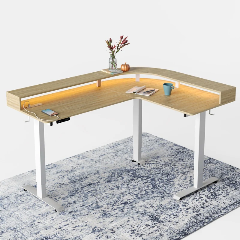 Curved L-Shaped Desktop with LED Strip