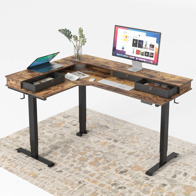 Reversible L-shaped Desktop with Upper Drawers