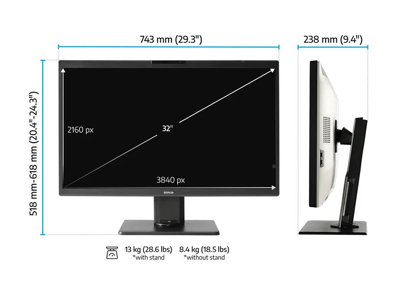 Barco Nio Color 8MP MDNC-8132 32-Inch Diagnostic Radiology Monitor, 3840 x 2160, DICOM Calibrated 500 cd/m², 850 cd/m² Max, 1350:1 Contrast, Self-Calibrating I-Guard, QAWeb Enterprise, USB-C Docking, PACS Display for CT, MRI, X-Ray & Ultrasound
